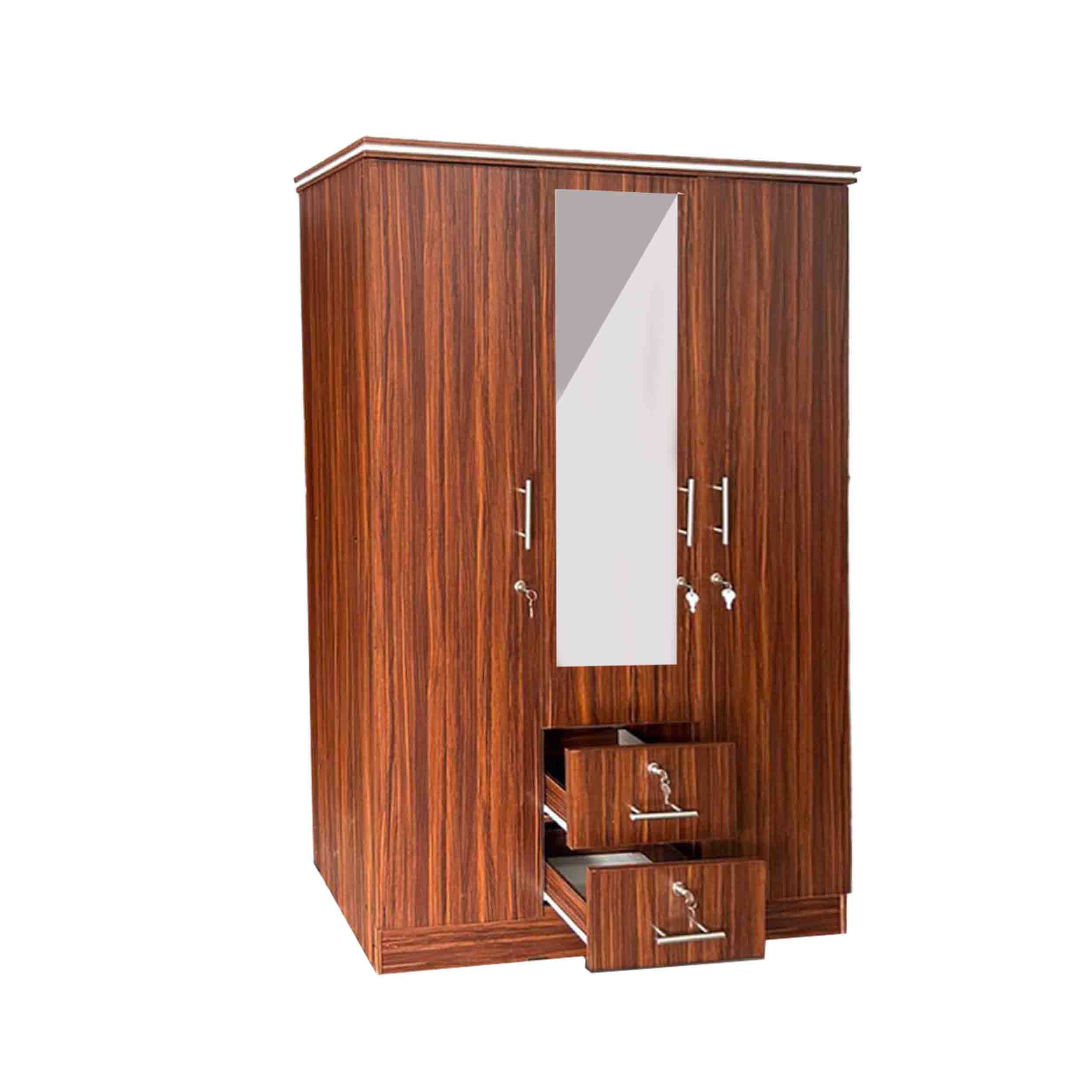 Melamine 3 Door Two Locker with Mirror Cupboard ( brown) – 5 Years Warranty - Image 2