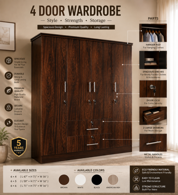 Melamine 6x5 - 4 Door Cupboard - 5 years warranty