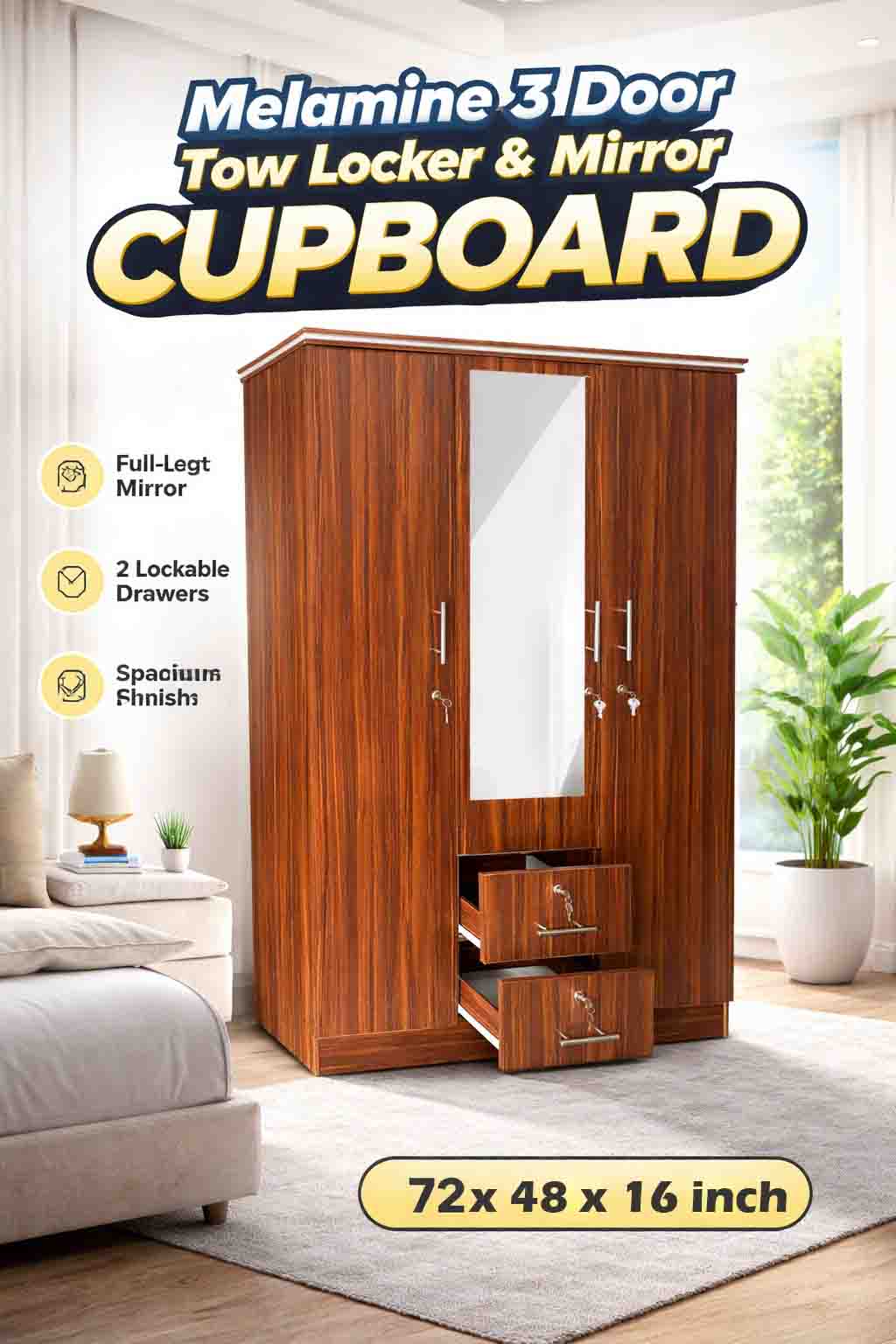 Melamine 3 Door Two Locker with Mirror Cupboard ( brown) – 5 Years Warranty