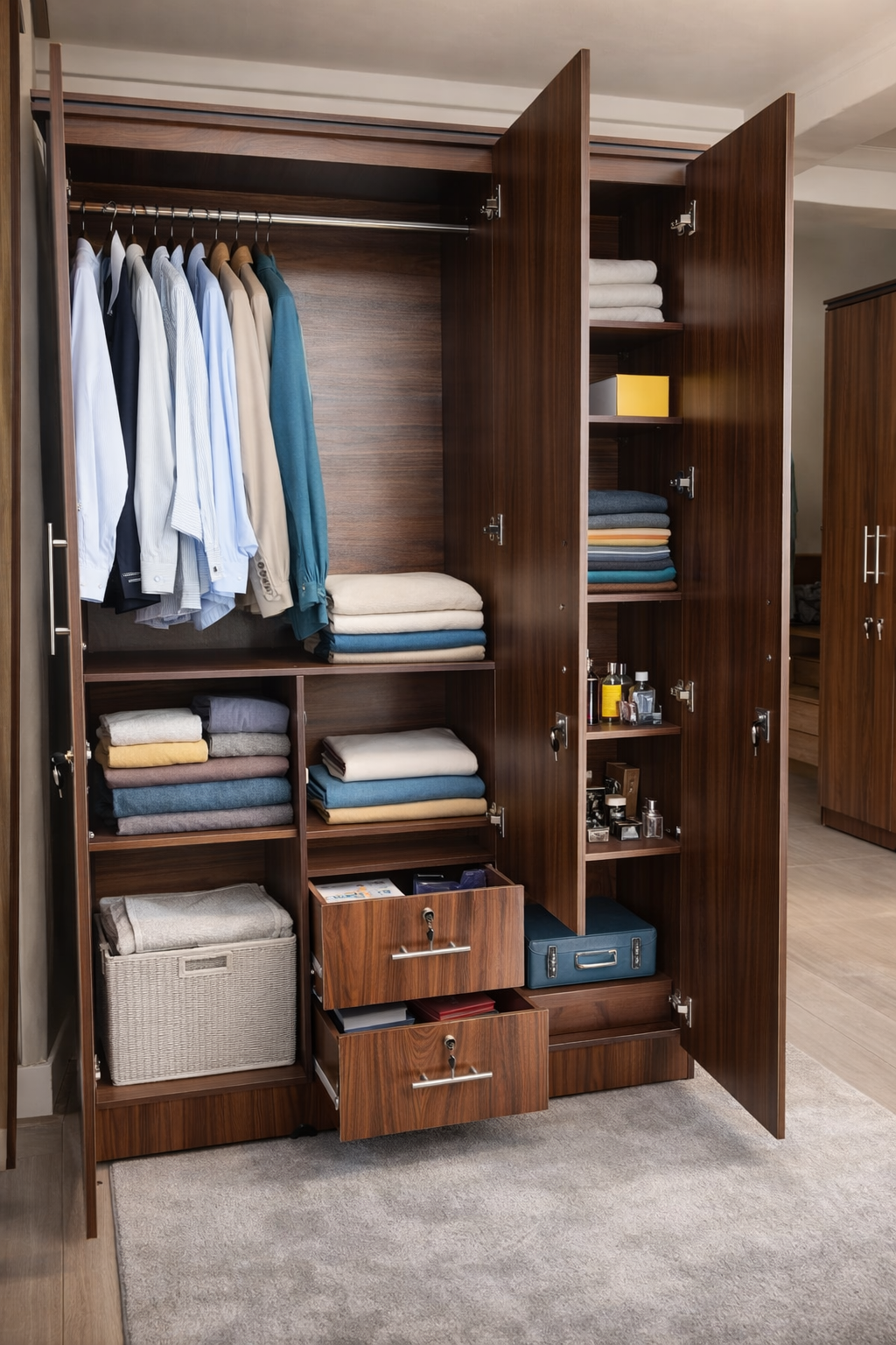 Melamine 3 Door Two Locker with Mirror Cupboard ( brown) – 5 Years Warranty - Image 3