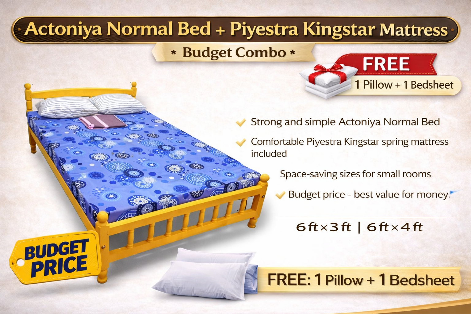 🛏️ Actoniya Normal Bed + Piyestra Kingstar Mattress (Budget Combo) FREE: 1 Pillow + 1 Bedsheet