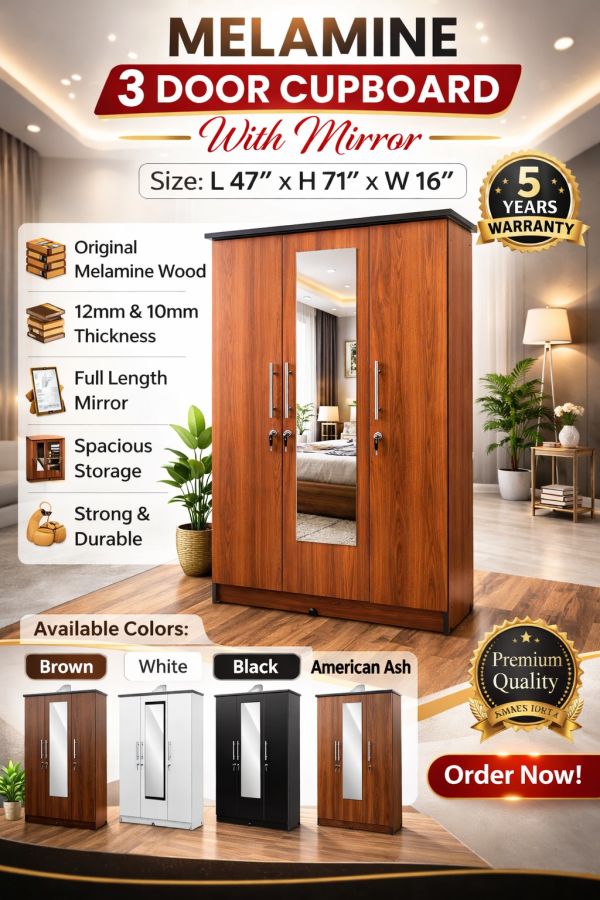 Melamine 3 Door Mirror Only – 6×4 Cupboard – 5 Years Warranty (47 inch 71 inch 16 inch )