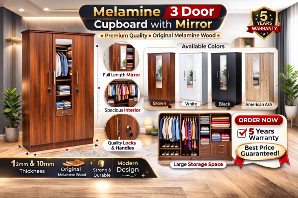Melamine 3 Door Mirror Only – 6×4 Cupboard – 5 Years Warranty (47 inch 71 inch 16 inch )