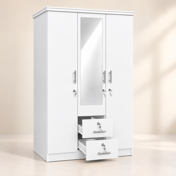 white Melamine 3 Door Two Locker with Mirror Cupboard ( Full Set ) – 5 Years Warranty