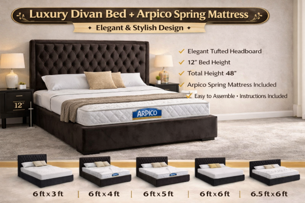 Luxury Divan Bed with Arpico Spring Mattress  FREE: 2 Pillows + 2 Bedsheets | Multiple Color's Available