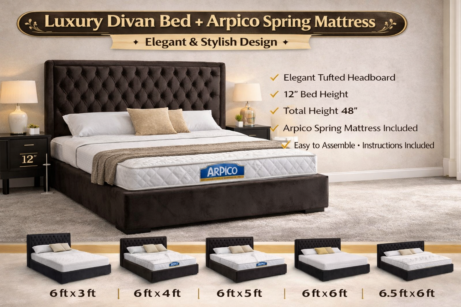 Luxury Divan Bed with Arpico Spring Mattress FREE: 2 Pillows + 2 Bedsheets | Multiple Color's Available - Image 10