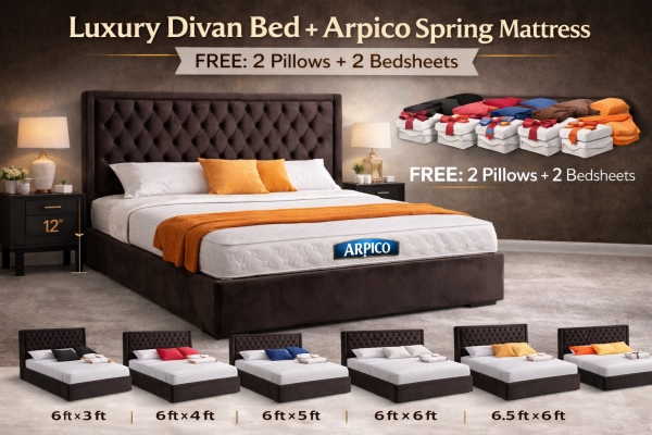 Luxury Divan Bed with Arpico Spring Mattress  FREE: 2 Pillows + 2 Bedsheets | Multiple Color's Available