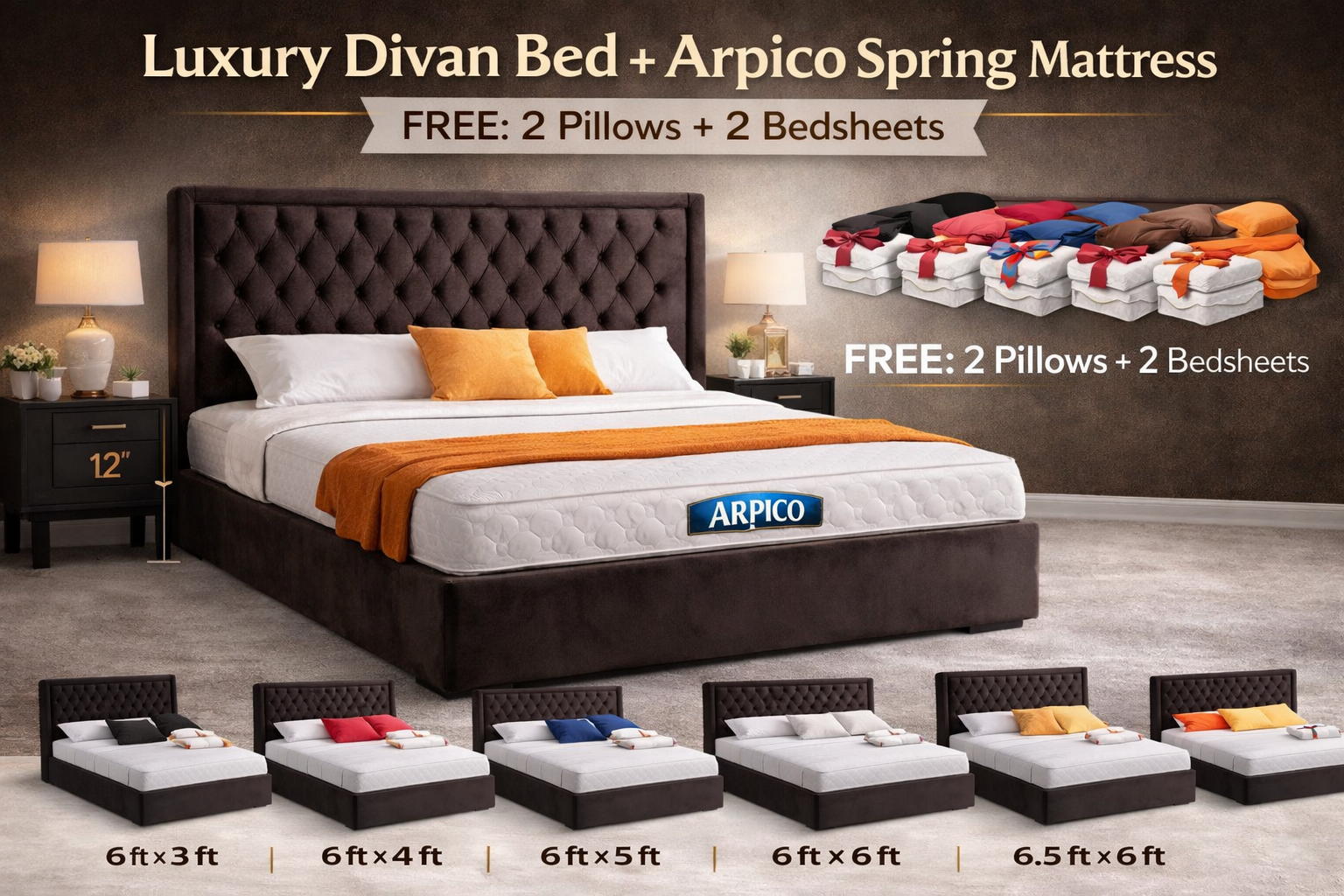 Luxury Divan Bed with Arpico Spring Mattress FREE: 2 Pillows + 2 Bedsheets | Multiple Color's Available - Image 2