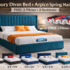 Luxury Divan Bed with Arpico Spring Mattress  FREE: 2 Pillows + 2 Bedsheets | Multiple Color's Available
