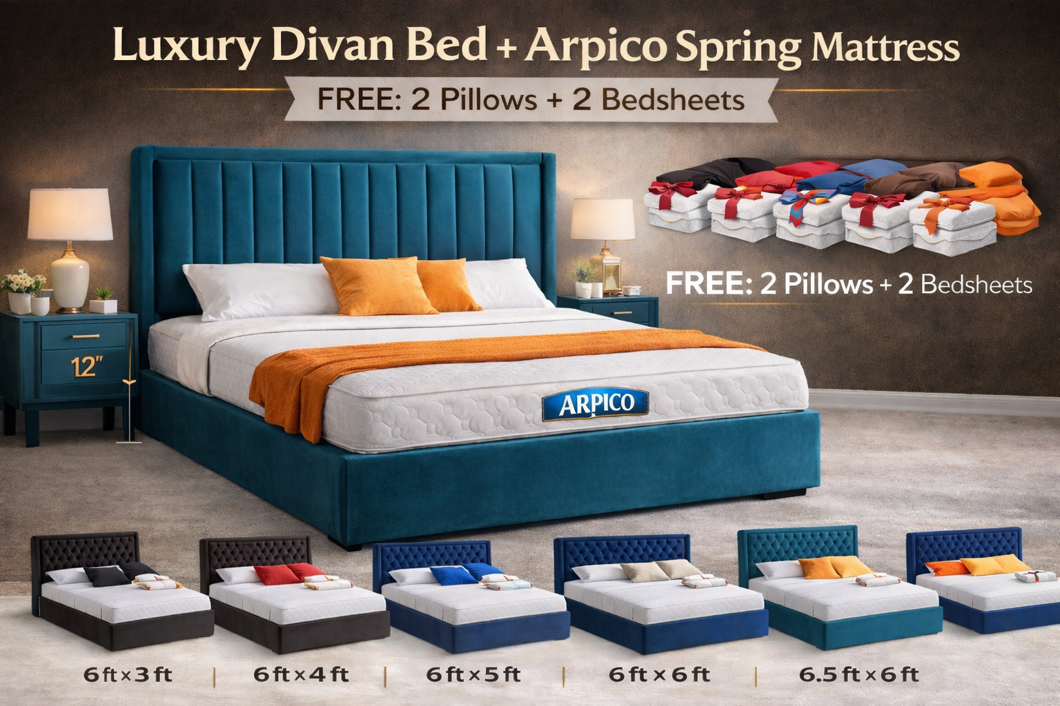 Luxury Divan Bed with Arpico Spring Mattress FREE: 2 Pillows + 2 Bedsheets | Multiple Color's Available