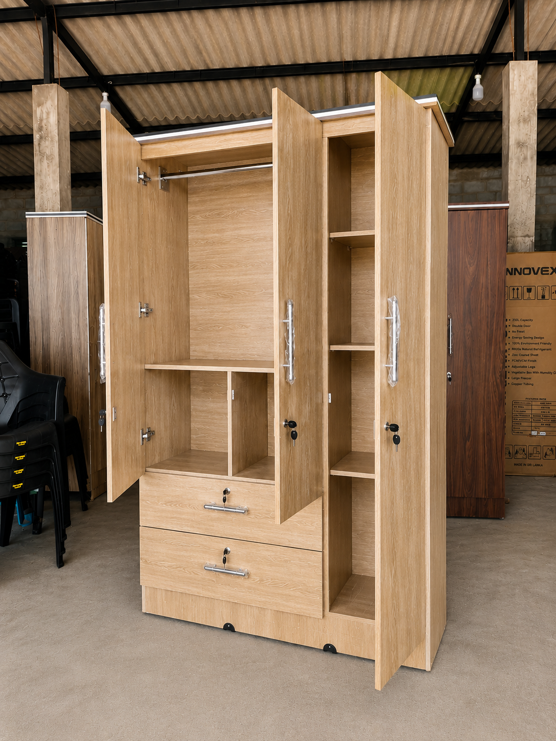 Original Melamine Long Drawer 3 Door Cupboard - Image 11