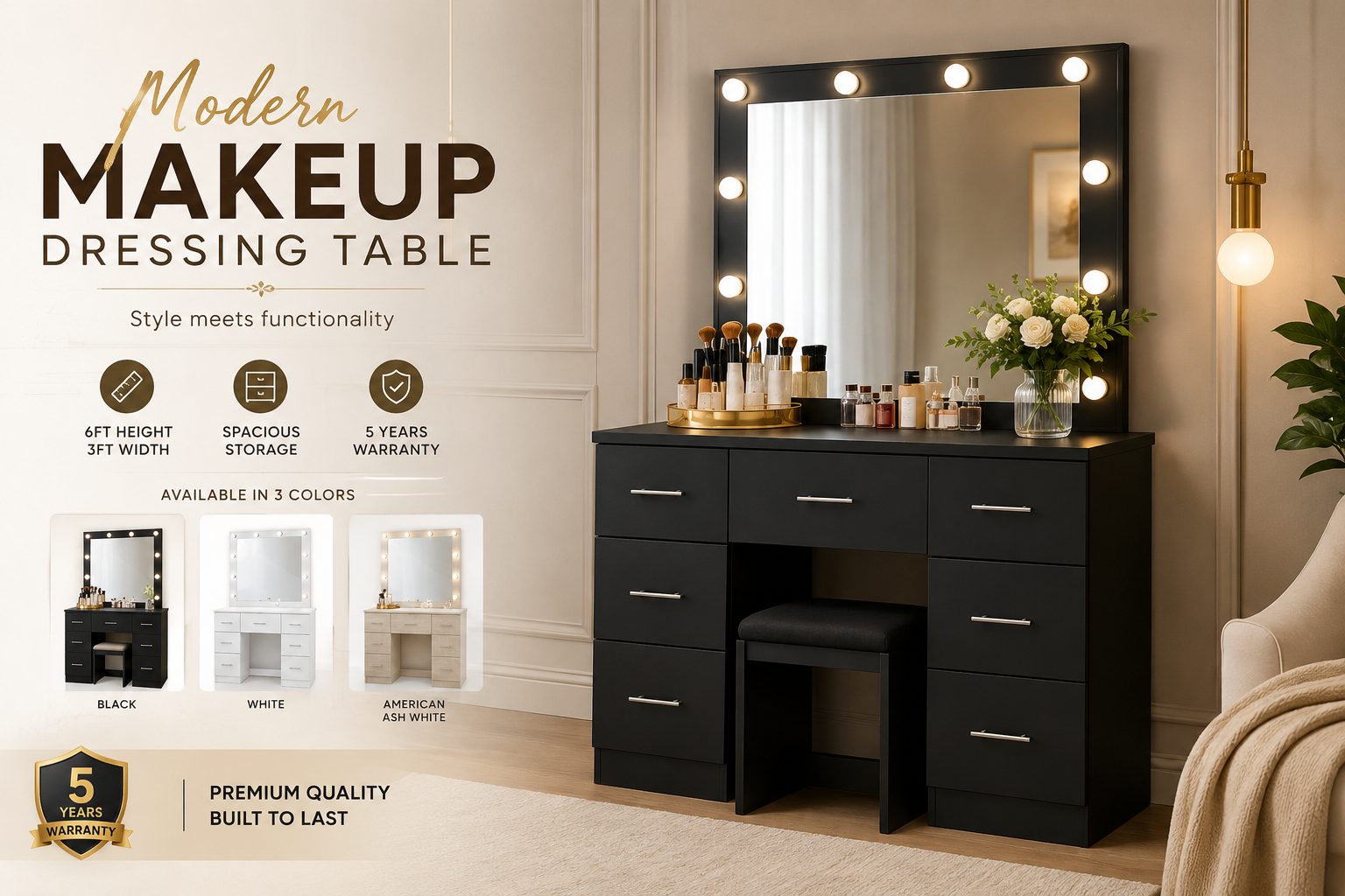 Modern Makeup Hollywood Dressing Table with LED Mirror